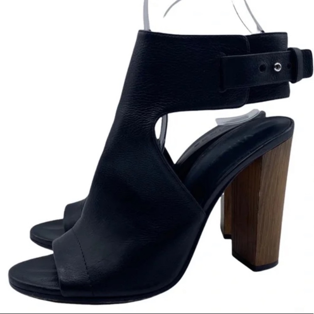Vince Addie Black Leather Cut Out Peep Toe Wood Block Heel Strappy Sandal